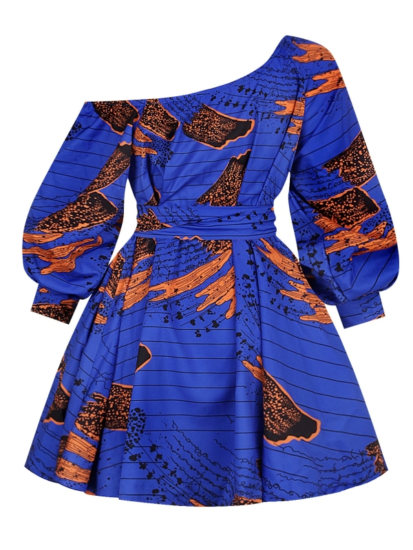 Off Shoulder Blue Spots African Traditional Dress