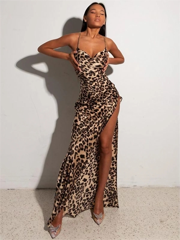 Leopard Print Chain Straps Slit Maxi Dress