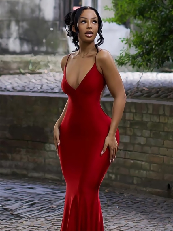 Sexi Backless Low Cut Red Satin Maxi Dress