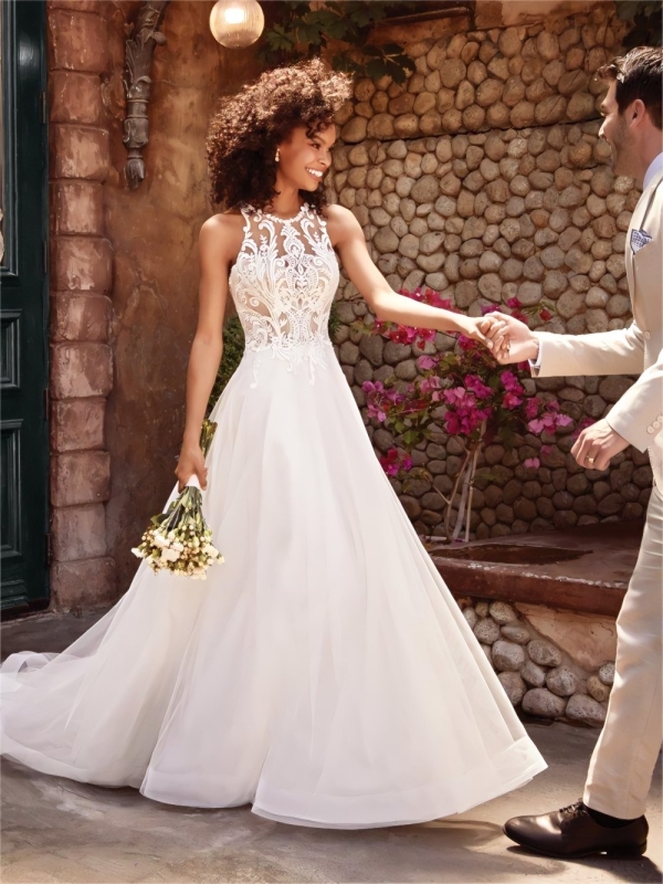 Sleeveless Embroidered Halter Maxi Wedding Dress