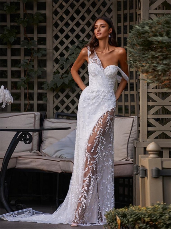 White Mesh See-Through Lace Slim Column Wedding Dress