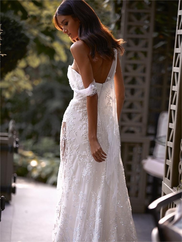White Mesh See-Through Lace Slim Column Wedding Dress