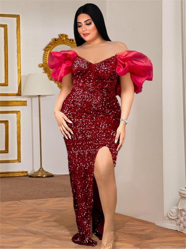 Sequined Puffy Sleeves Slit Ruffles Evening Dress