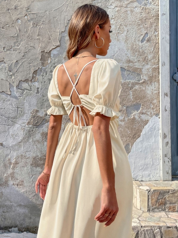 Backless Strappy Split Square Neck Puff Sleeves Dress