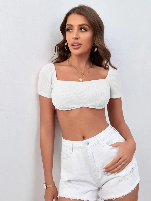 Square Neck Solid Midriff-baring Super Crop Top