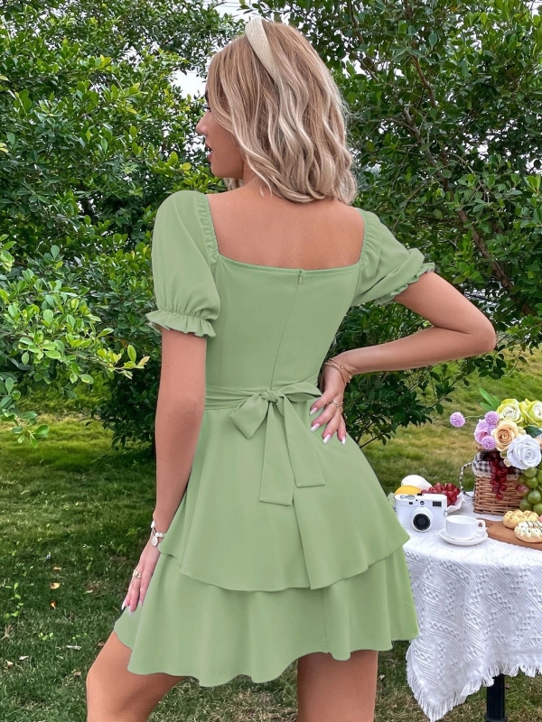 Bubble Sleeve Ruffle Avocado Green Mini Dress