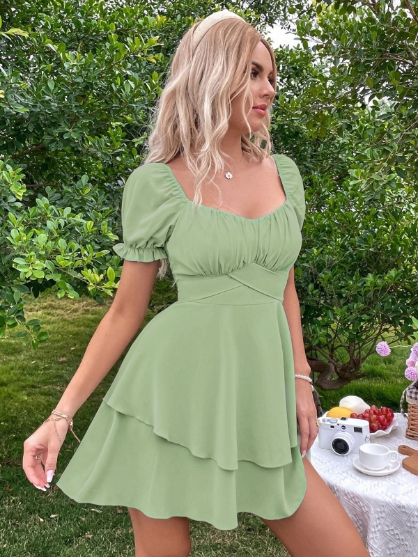 Bubble Sleeve Ruffle Avocado Green Mini Dress
