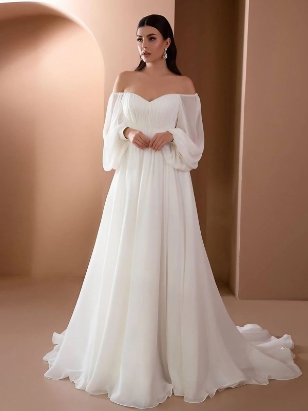 White Bell Sleeve Off Shoulder Wedding Maxi Dress